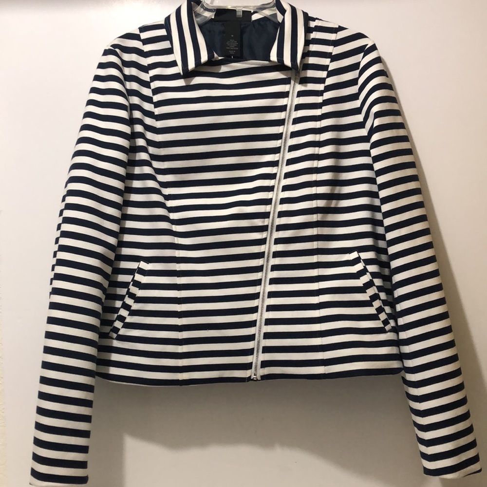 Lane Bryant Jacket Women 14 Sailor Collar Striped Full Zip Slash Pockets Navy Yt